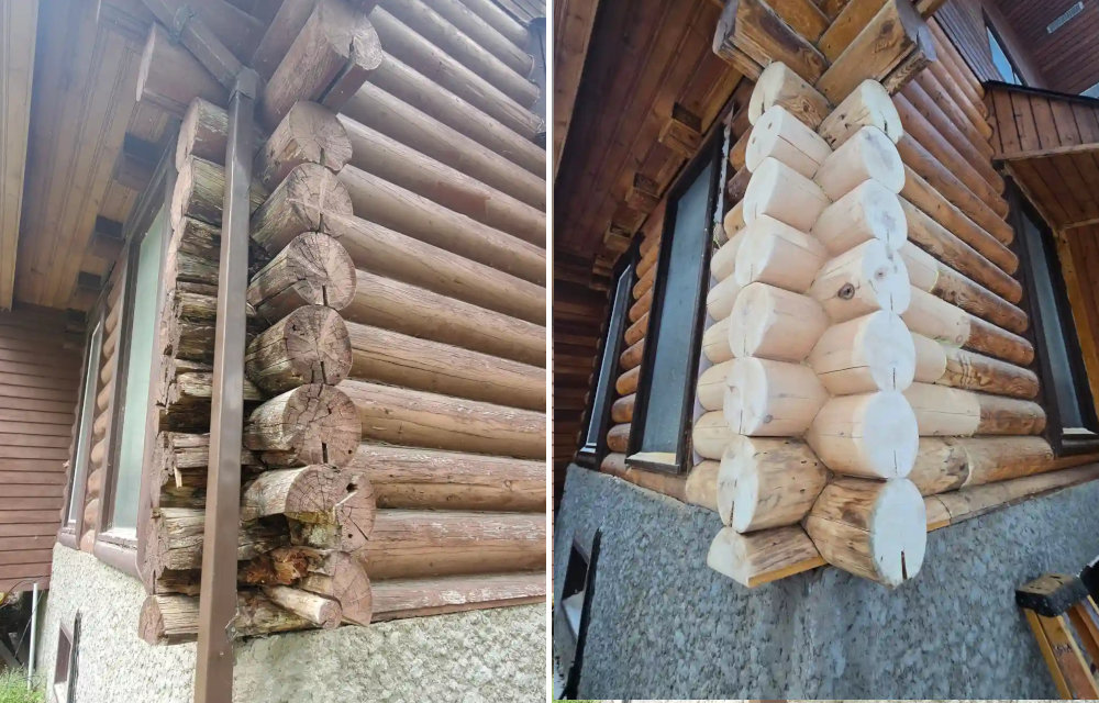 Log Rot Repair Before and After, Manitoba